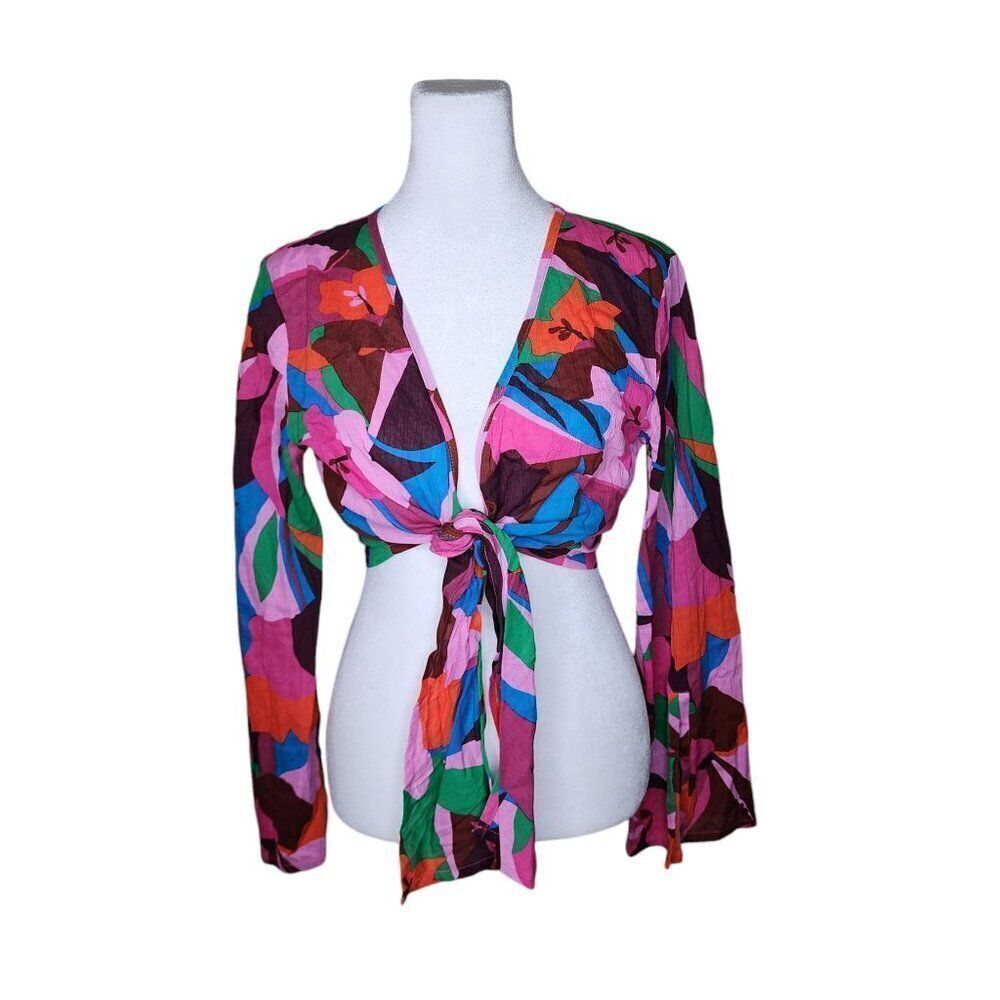 Sanctuary Boho Flare Sleeve Crop Tie Waist Wrap Top Womens S Multi New